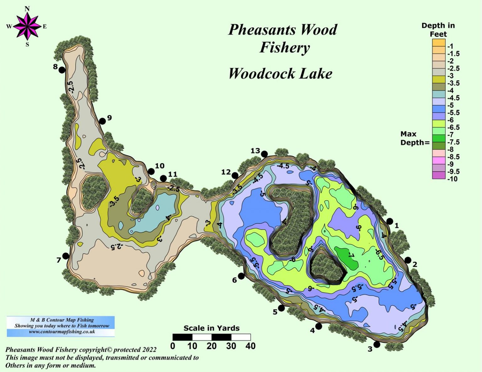 Woodcock Contour Map - Pheasants Wood Fishery - day ticket carp fishing